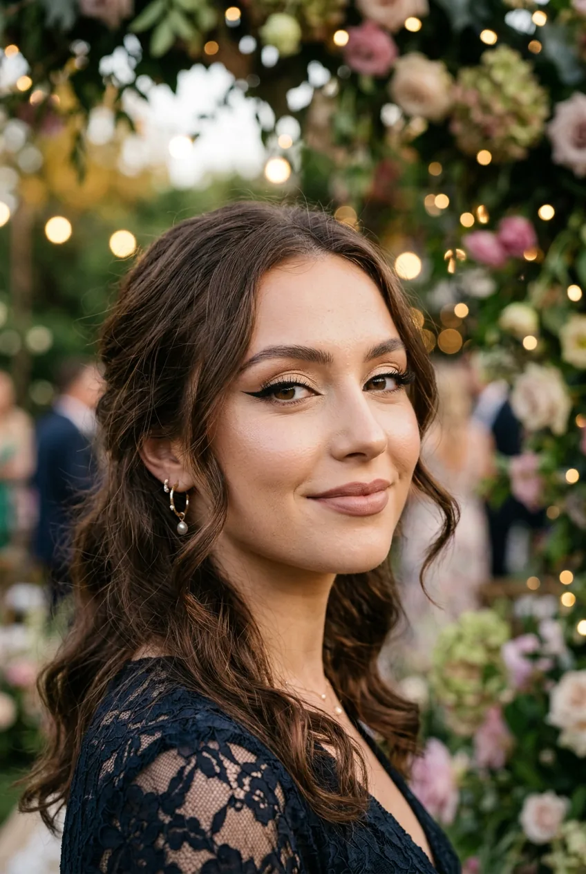 Woman wearing winged eyeliner and nude lipstick in soft garden party lighting with florals