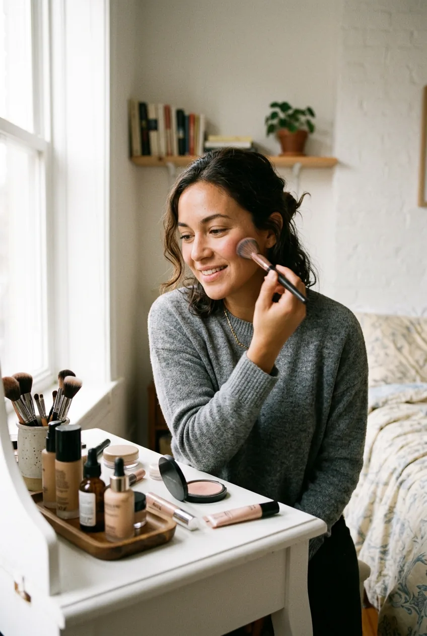 Woman looking at herself while applying blush with gentle smile in morning light