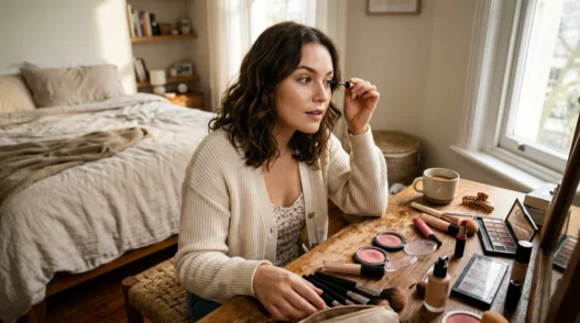 Woman applying makeup at vanity with scattered products in soft morning light
