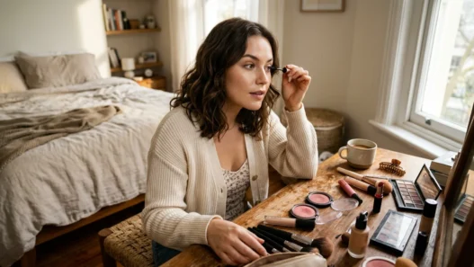 Woman applying makeup at vanity with scattered products in soft morning light