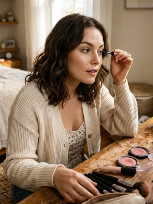 Woman applying makeup at vanity with scattered products in soft morning light