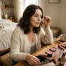 Woman applying makeup at vanity with scattered products in soft morning light