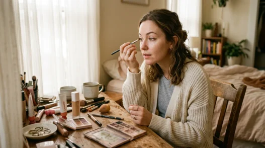 Woman applying makeup at vanity in soft morning light with products scattered authentically around