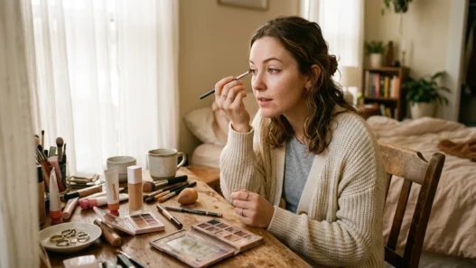 Woman applying makeup at vanity in soft morning light with products scattered authentically around