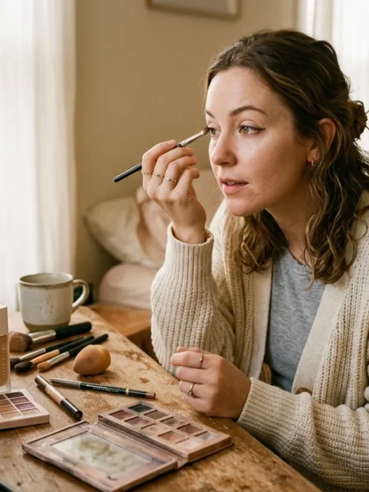 Woman applying makeup at vanity in soft morning light with products scattered authentically around