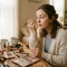 Woman applying makeup at vanity in soft morning light with products scattered authentically around