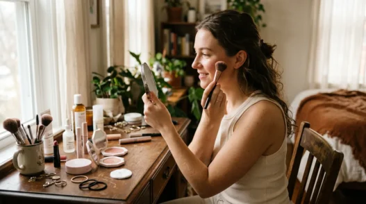 Woman applying makeup at vanity in soft morning light with products scattered authentically