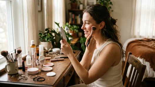 Woman applying makeup at vanity in soft morning light with products scattered authentically