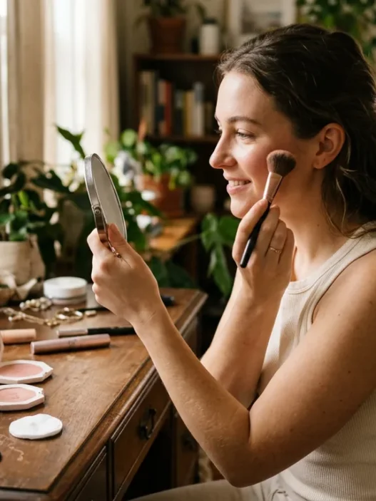 Woman applying makeup at vanity in soft morning light with products scattered authentically
