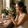 Woman applying makeup at vanity in soft morning light with products scattered authentically