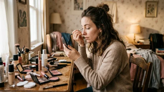 Woman applying makeup at vanity with products scattered in soft morning light