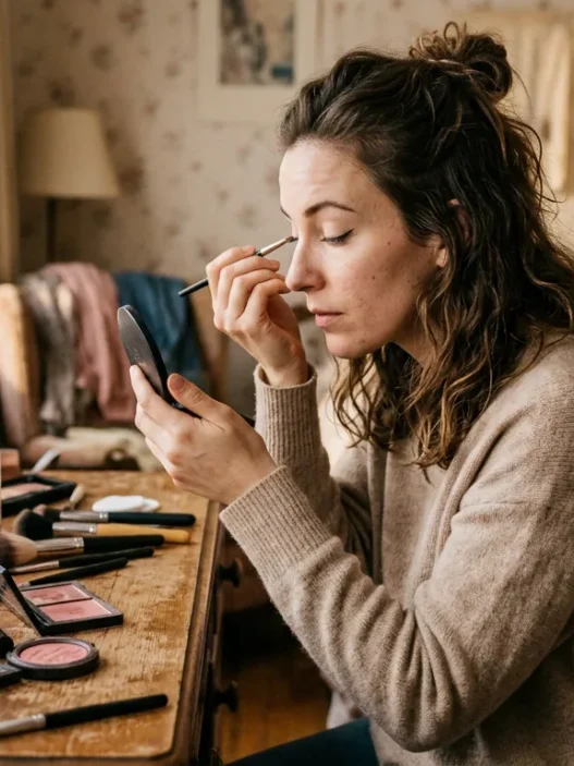 Woman applying makeup at vanity with products scattered in soft morning light
