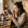 Woman applying makeup at vanity with products scattered in soft morning light