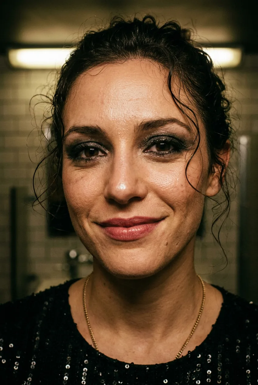 Woman with slightly worn party makeup after dancing shown in bathroom mirror lighting