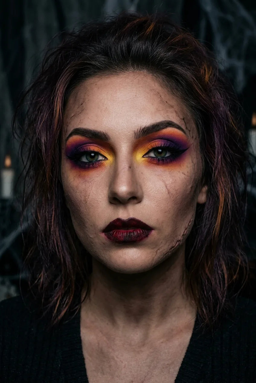 Woman showing Halloween zombie makeup with gradient eyeshadow blending purple orange yellow tones