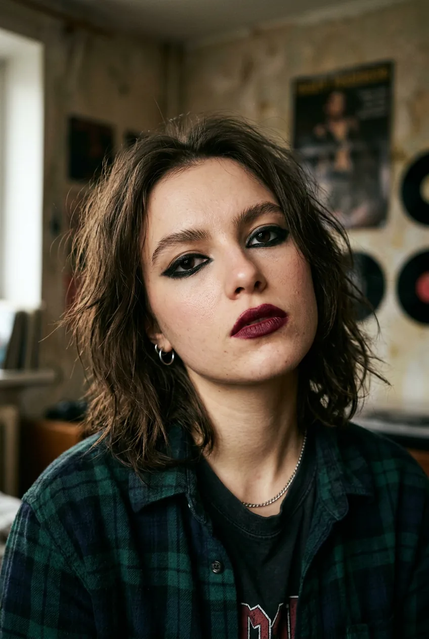 Beauty portrait showing 90s inspired grunge look with chunky black eyeliner and dark berry lips