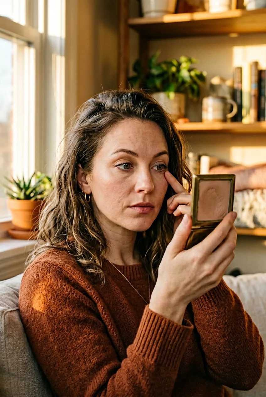 Woman checking her makeup in warm afternoon lighting showing natural settling