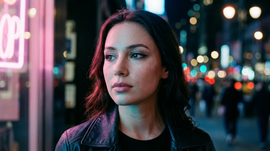 Woman with alternative makeup style in neon-lit urban setting at night