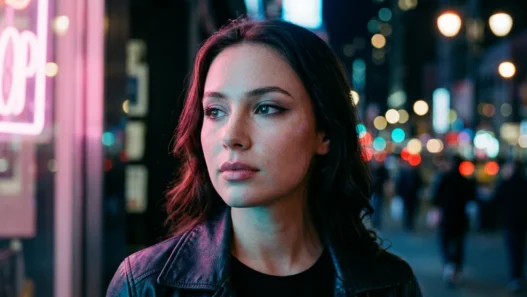Woman with alternative makeup style in neon-lit urban setting at night