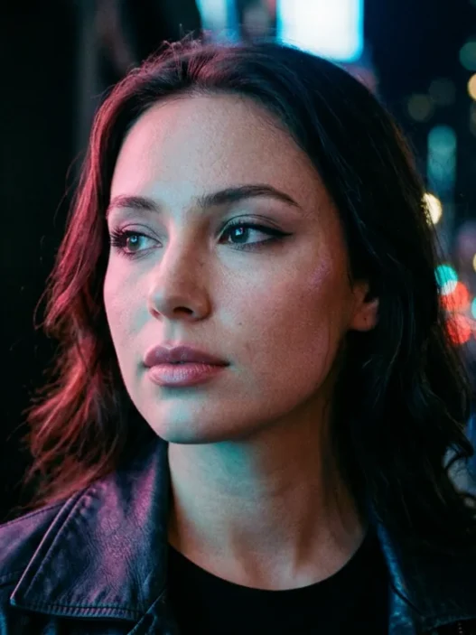 Woman with alternative makeup style in neon-lit urban setting at night
