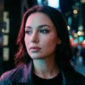 Woman with alternative makeup style in neon-lit urban setting at night