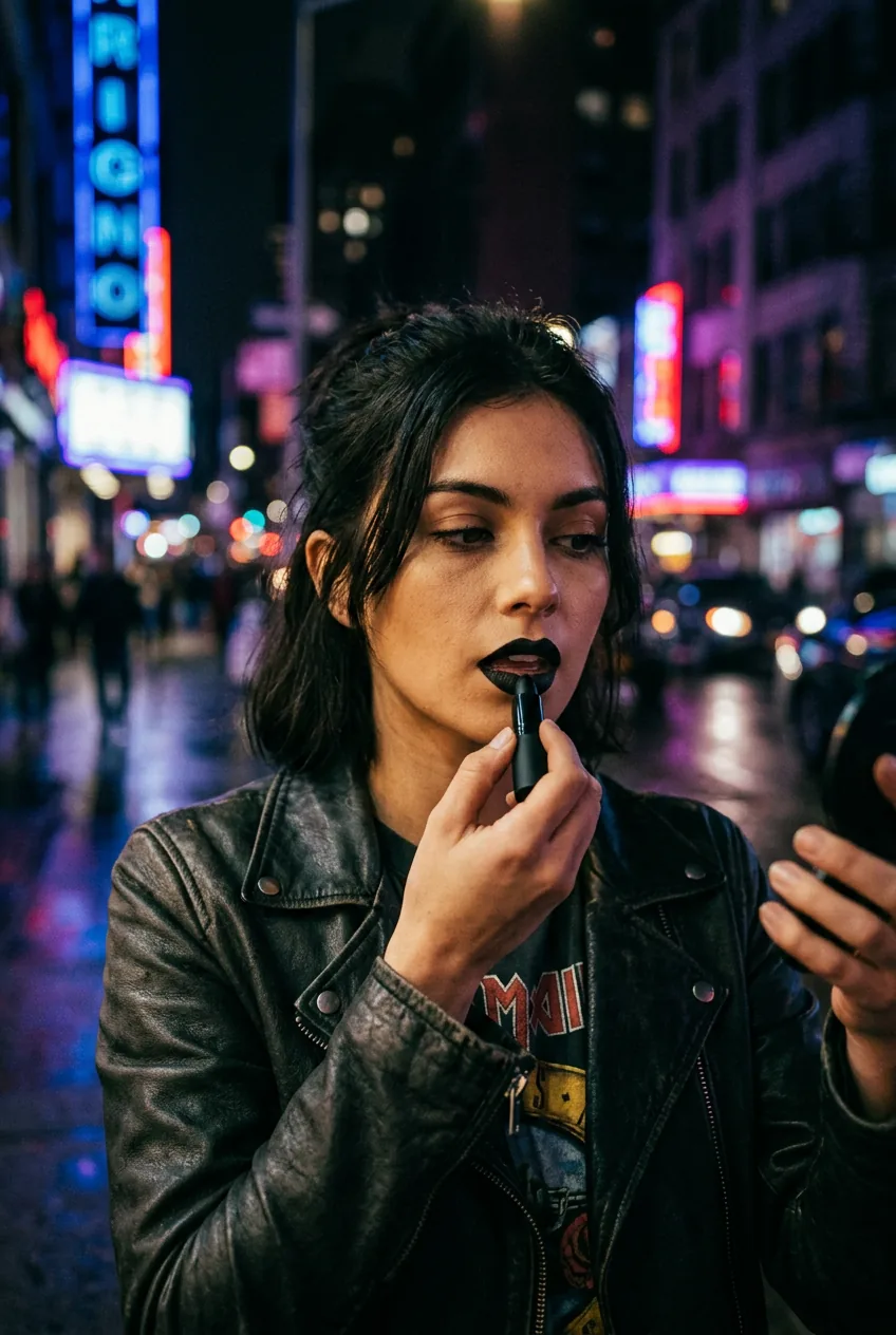Woman precisely applying black lipstick with city neon lights creating atmospheric background lighting