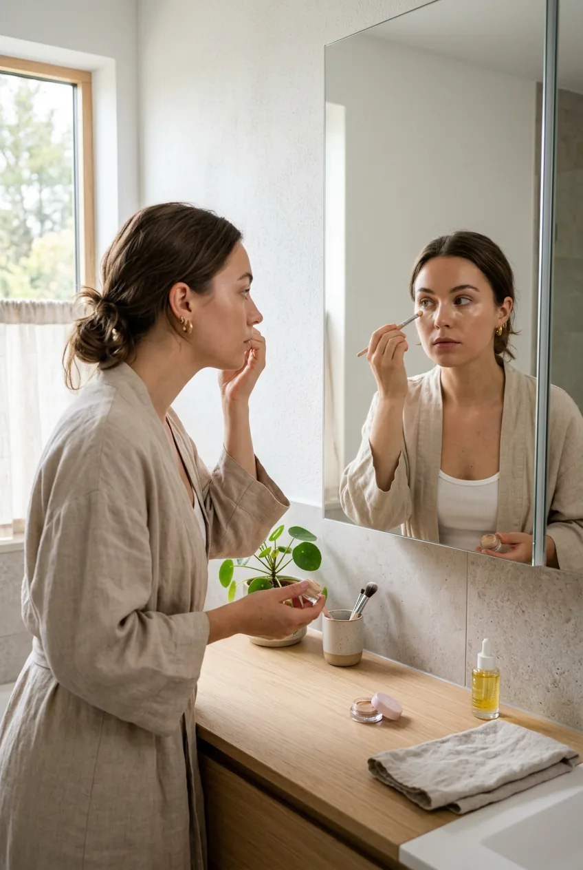 Woman applying concealer while looking in bathroom mirror in natural morning light