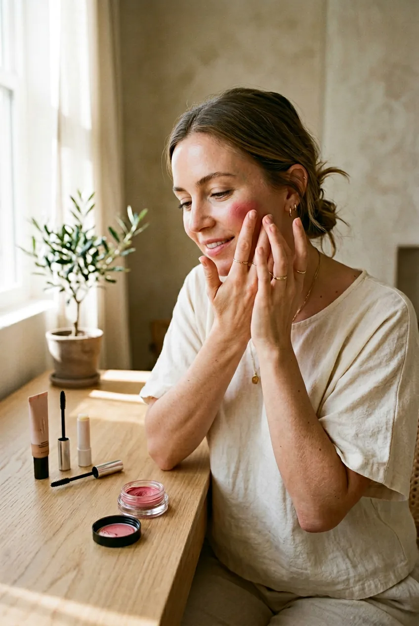 Woman's hands applying cream blush with fingers at clean minimalist vanity with four products visible