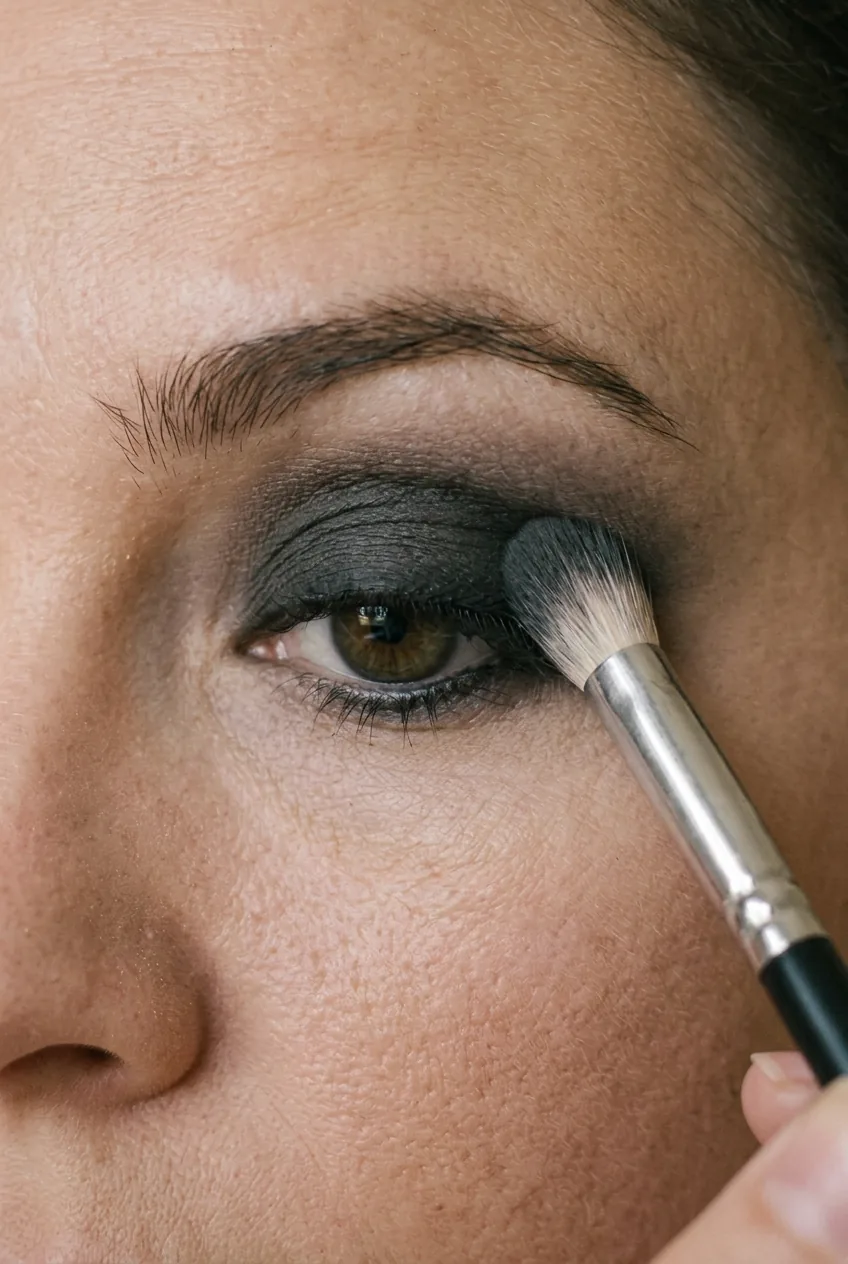 Woman applying dark brown eyeshadow in eye crease with fluffy makeup brush