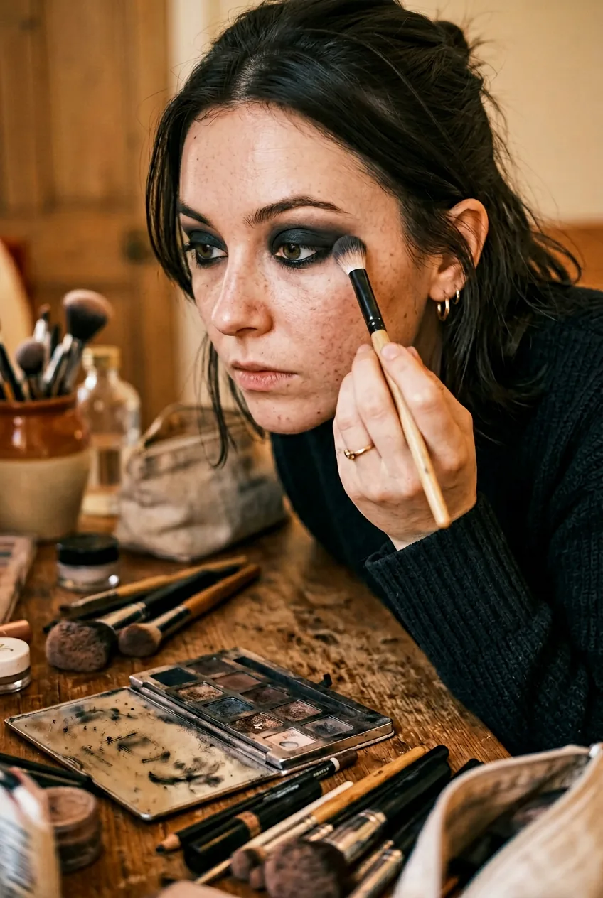 Close-up of woman applying dark eyeshadow with fluffy brush surrounded by makeup palette and tools