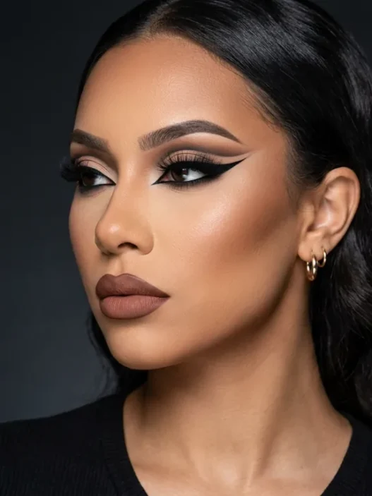 Model wearing complete baddie makeup look with sharp winged eyeliner and sculpted contour in three-quarter profile view