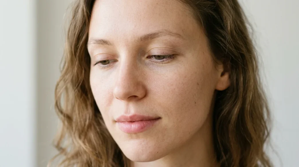 Woman with completely bare eyes and natural skin showing clean starting point for makeup