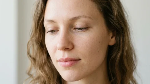 Woman with completely bare eyes and natural skin showing clean starting point for makeup