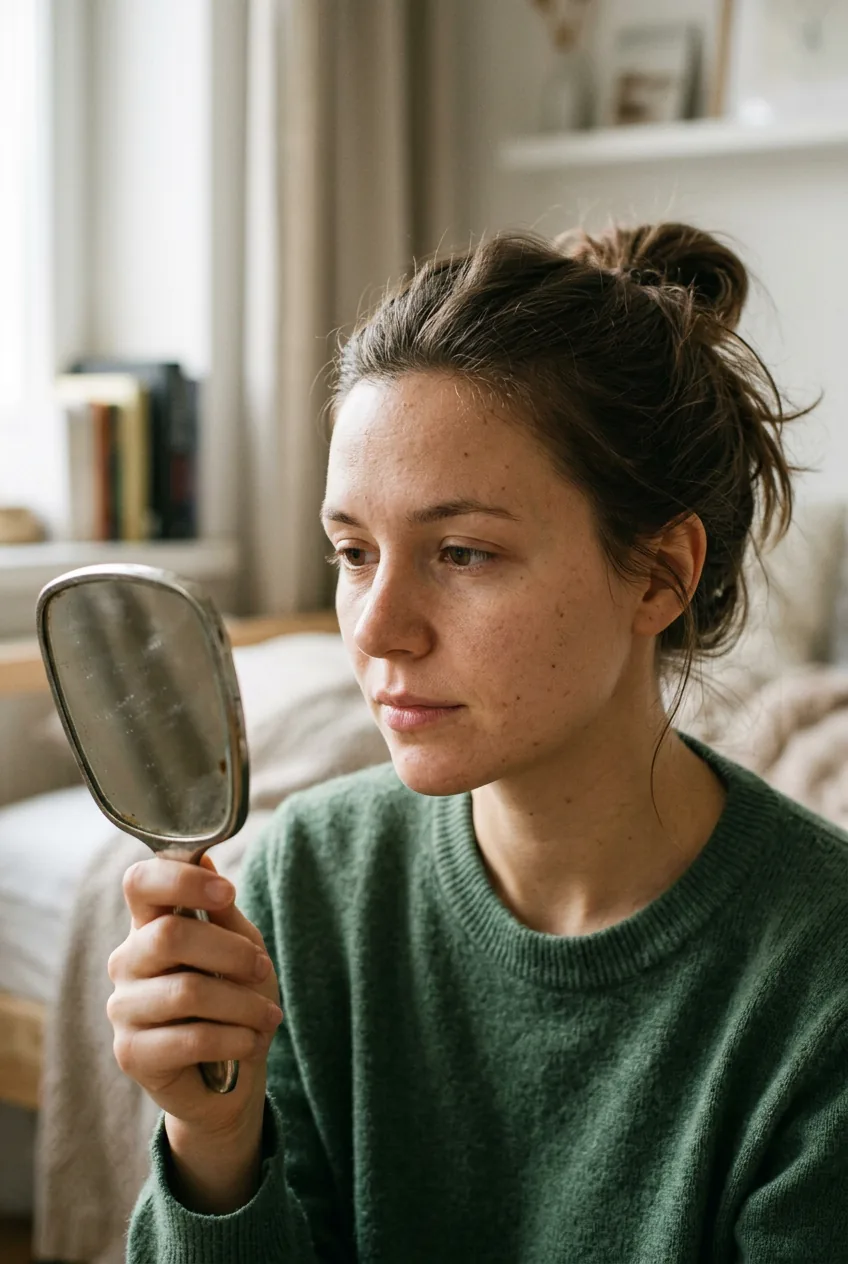 Woman looking at her bare natural face in handheld mirror with no makeup
