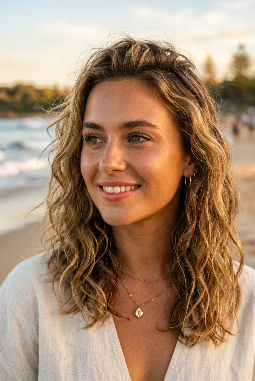 Woman with effortless beach waves and natural sun-kissed makeup in golden hour outdoor setting