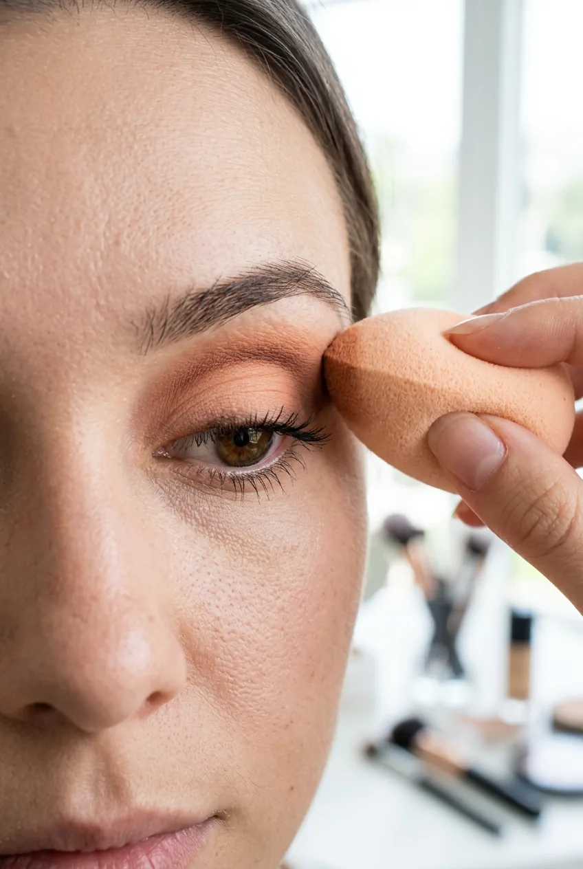 Beauty sponge being bounced over eyeshadow to soften edges with stippling technique in bright lighting