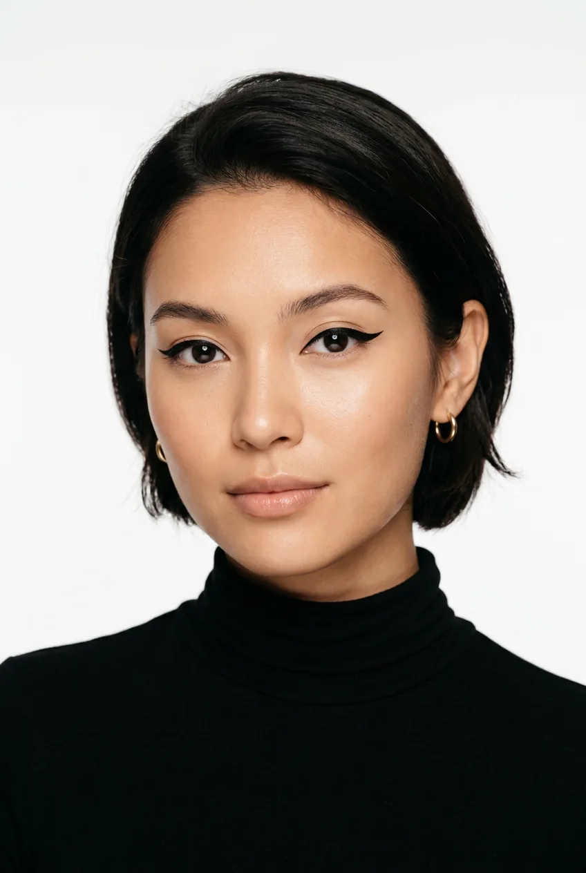 Woman with precise black eyeliner only creating minimal chic look with perfect lines