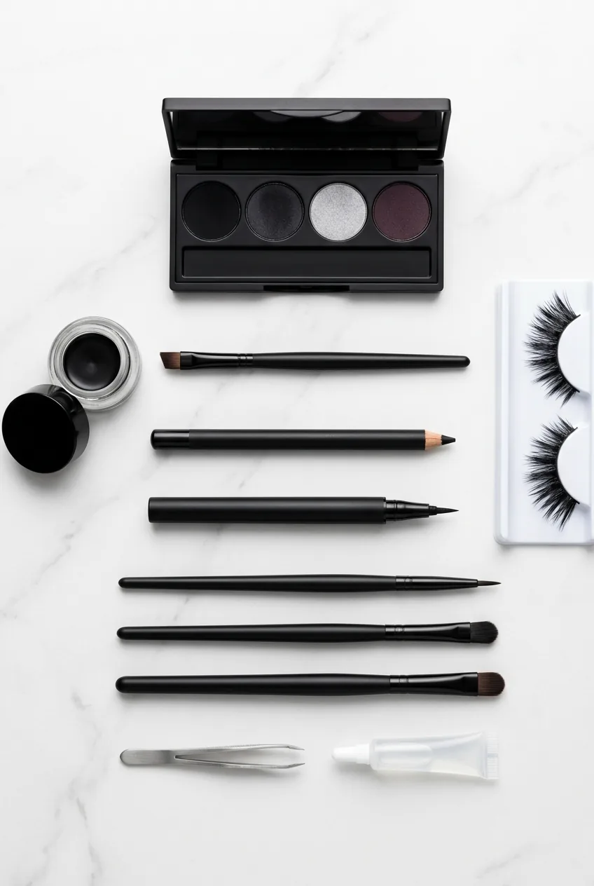 Black eyeliner and eye makeup products arranged with fine brushes for theatrical dramatic eye looks