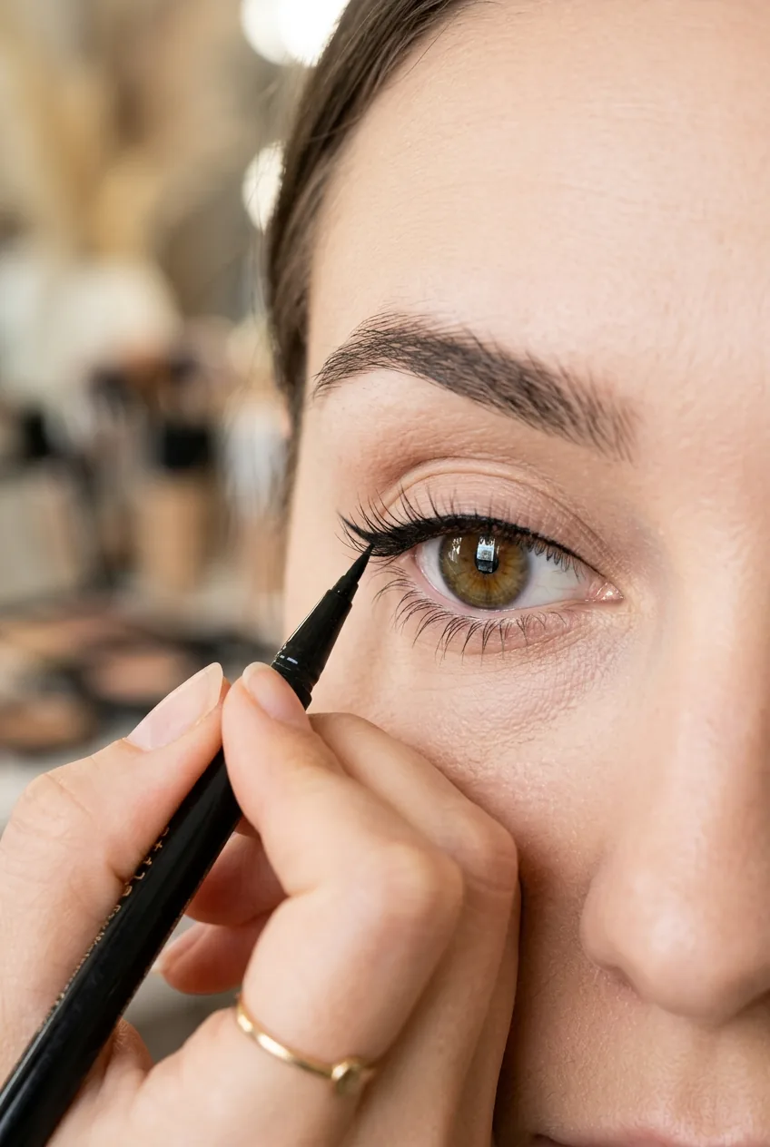 Black eyeliner being precisely applied along upper lash line for eye definition