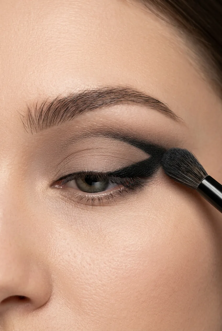 Small dome brush precisely applying black eyeshadow to outer corner creating dramatic V-shaped depth