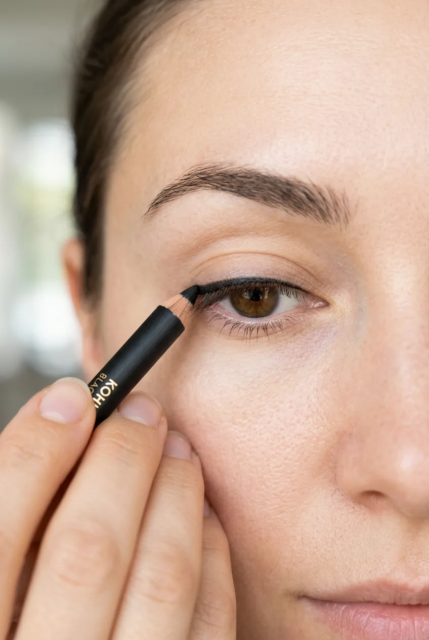 Woman applying black kohl pencil directly to upper lash line with clean eye and bright lighting