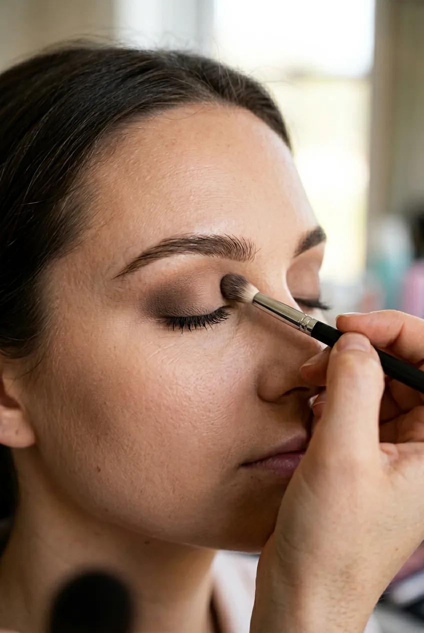 Perfectly blended neutral brown eyeshadow in eye crease showing professional application technique