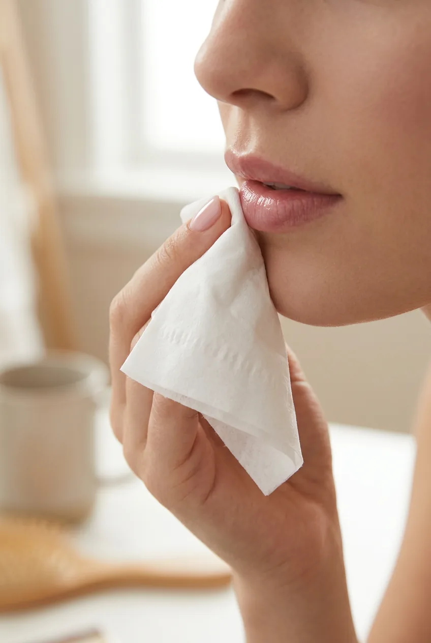 Close-up of lips being gently blotted with white tissue demonstrating proper touch-up technique