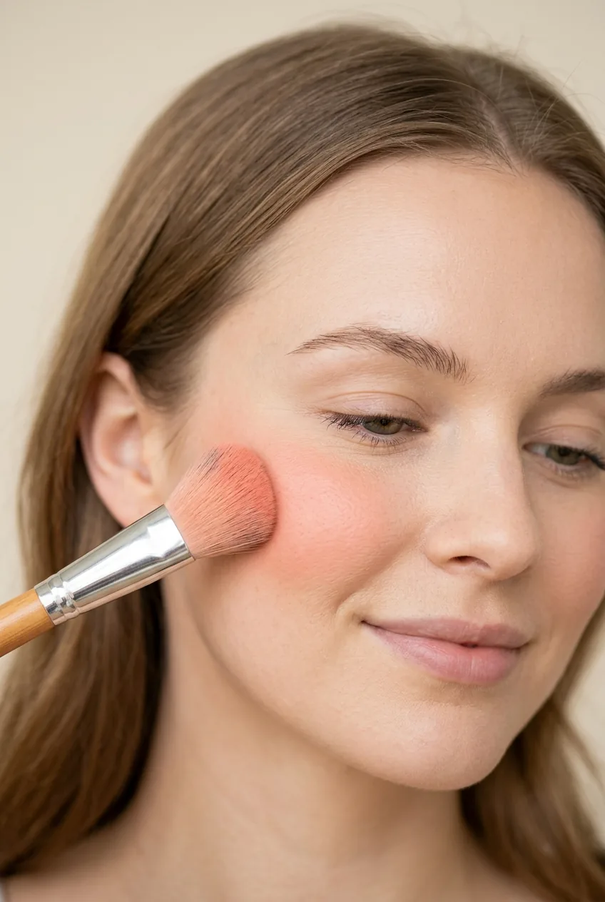 Angled brush applying peachy blush to apple of cheek with upward motion