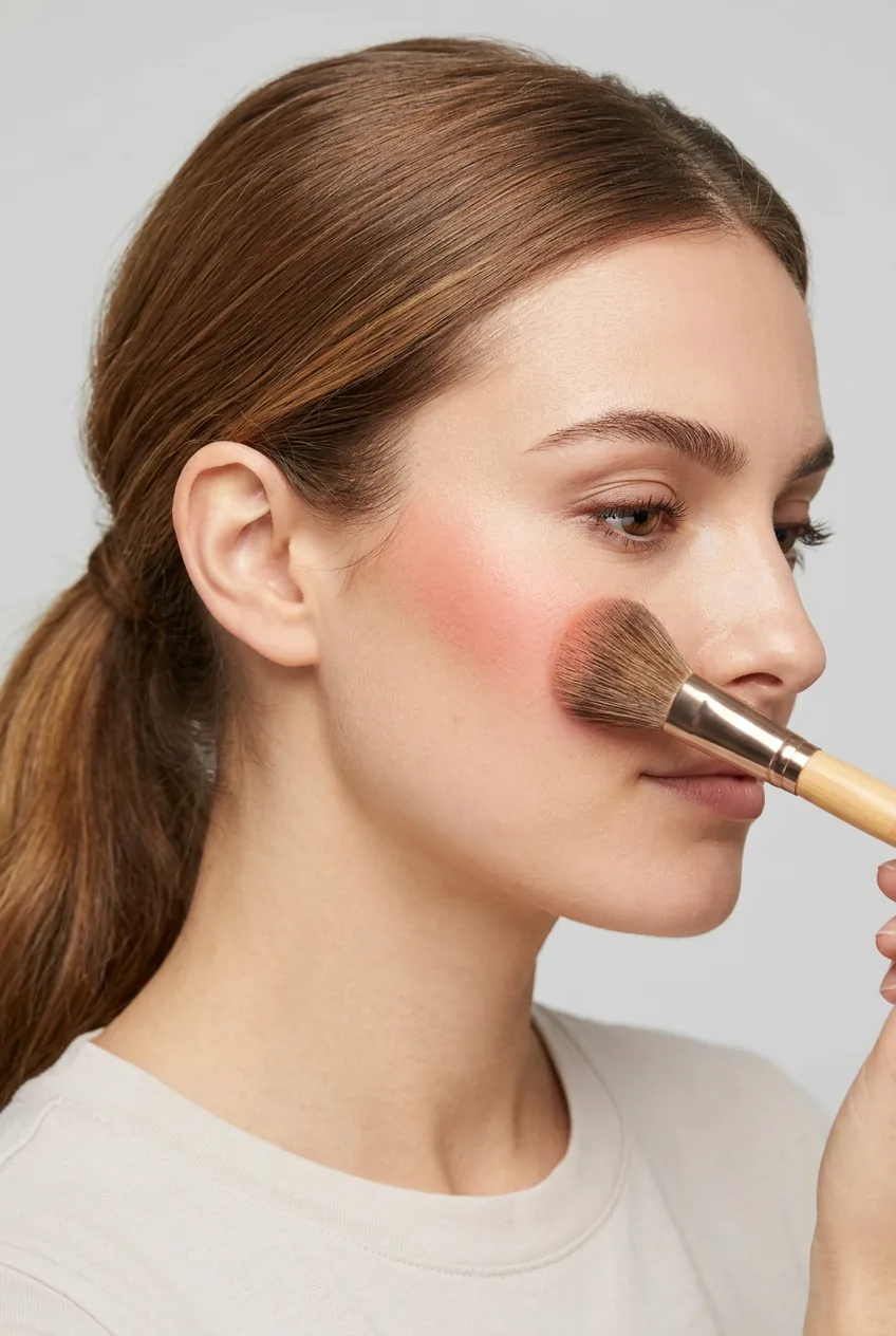 Makeup brush applying peachy-pink blush to model's cheek demonstrating proper placement