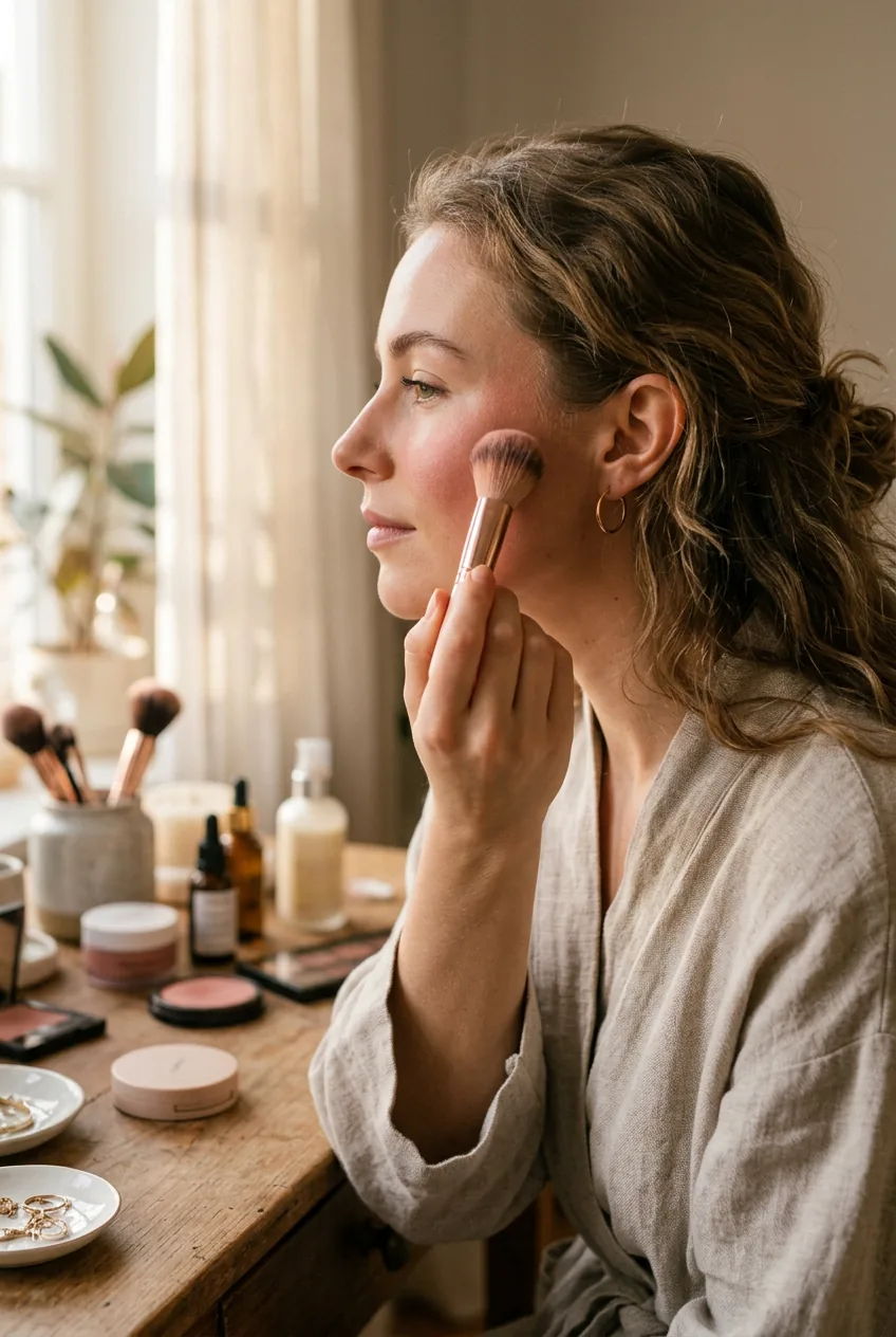 Profile view of woman applying blush to cheekbone with soft brush in warm natural light