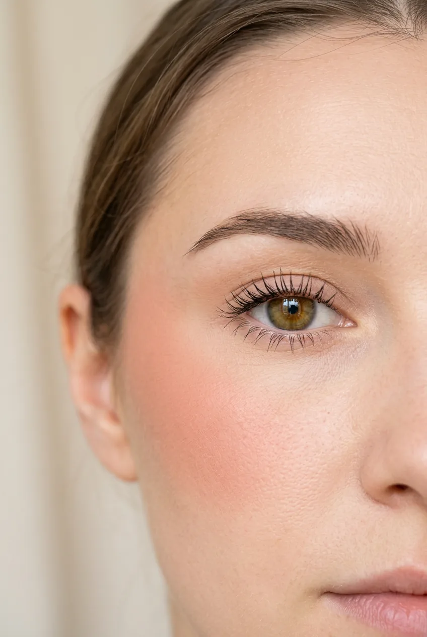 Blush being applied to cheek area near eye showing proper color placement technique