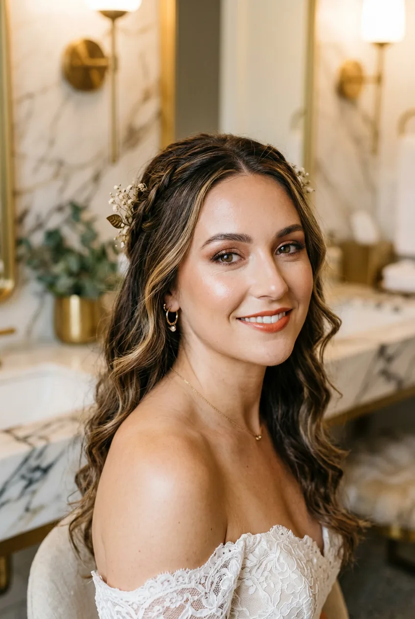 Woman with bohemian summer wedding makeup featuring bronze copper eyeshadow and terracotta lips