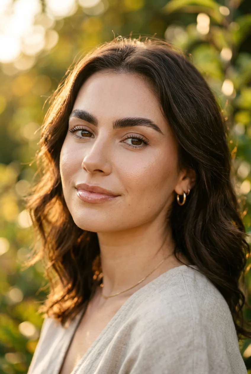 Woman with bold defined brows and glowing luminous skin makeup in warm golden hour light
