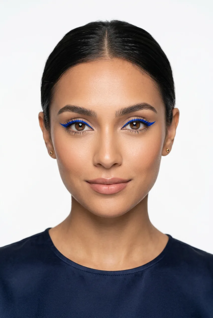 Woman with bold electric blue eyeliner on upper lids against neutral makeup base